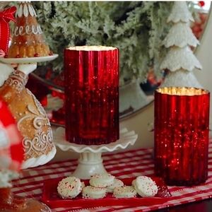 Set of 2 Mercury Glass Hurricanes - Red